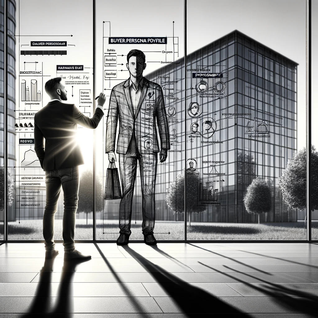 A professional sketching a buyer persona on a glass board in front of a modern office building