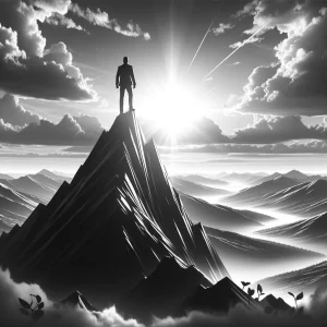 Silhouette of a person on a mountain peak overlooking a vast landscape symbolizing entrepreneurial growth