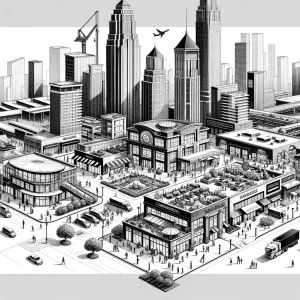 Black and white illustration of commercial real estate dynamics.