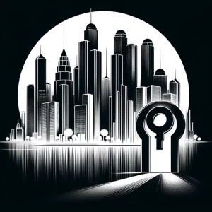 Black and white skyline of futuristic skyscrapers with a key unlocking a door to the city.