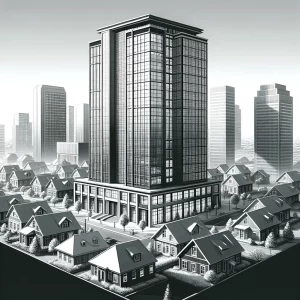 Monochrome illustration of a modern office building towering over traditional houses in Elizabethtown.