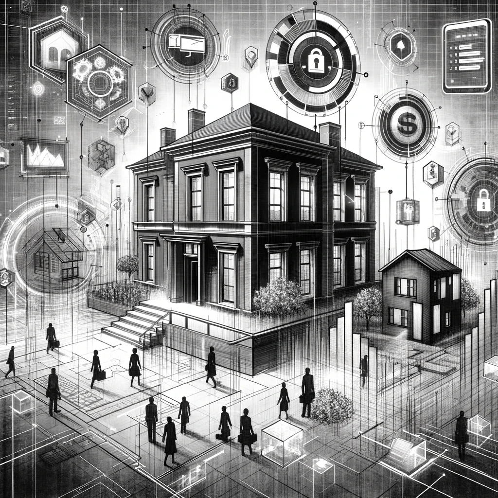 Black and white image of diverse buildings interconnected, symbolizing the concept of real estate syndication.