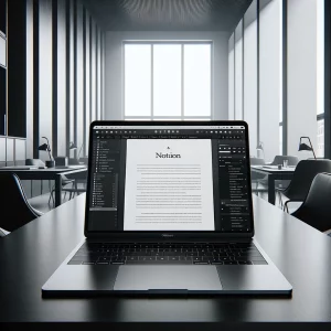 Modern laptop on a desk displaying Notion with 'The Ultimate Guide to Writing an eBook' on the screen, in a minimalistic black and white themed office.