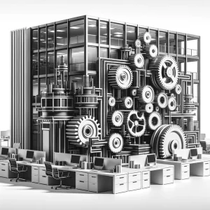Black and white image of a sophisticated machine with gears and cogs in an office, symbolizing Zapier automations for Trello to streamline business workflow